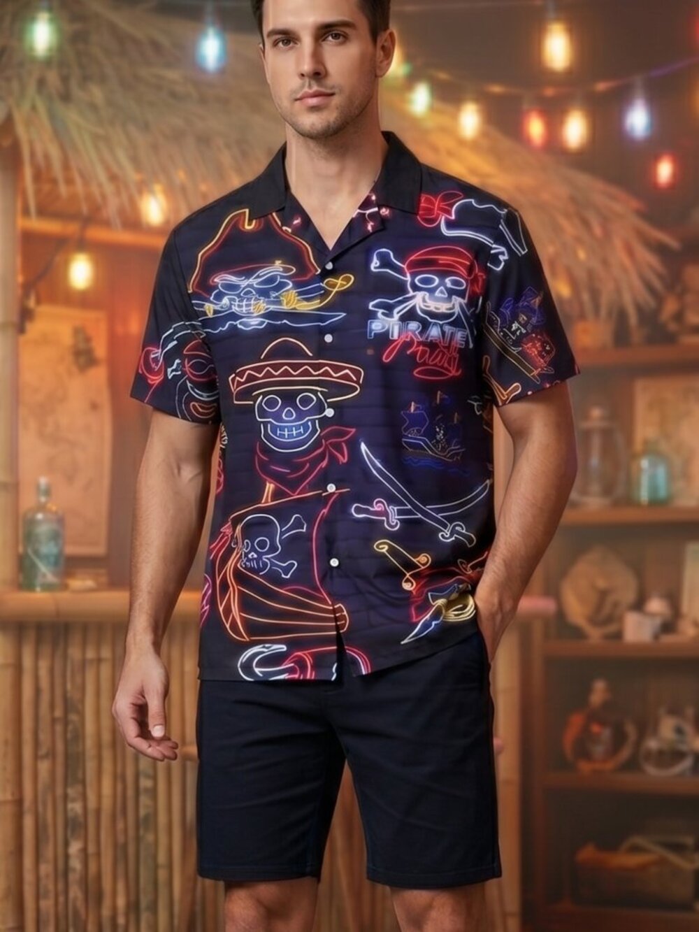 NWT | Regenboog Neon Pirate Party Skeleton Graphic Button Up Shirt Large
